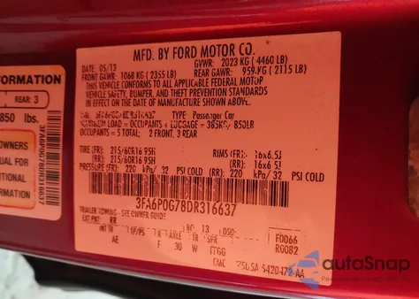 2013 Ford Fusion S from USA, damaged, VIN 3FA6P0G78DR316637